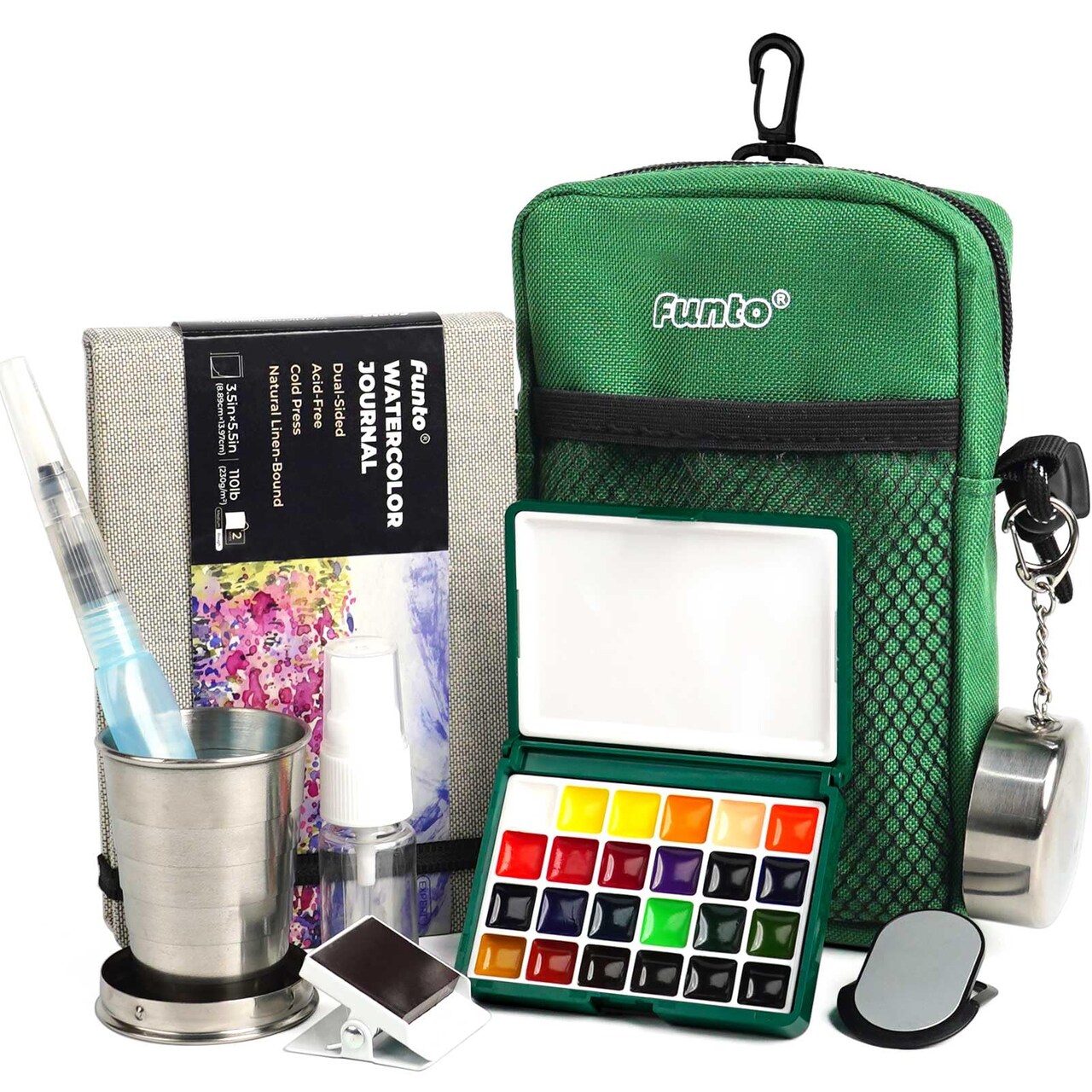 Funto Mini Watercolor Paint Set, All-in-One 24-Color Travel Paint Kit, with Crossbody Bag, Watercolor Journal, Paint Water Cup, Pocket Set for Artists
